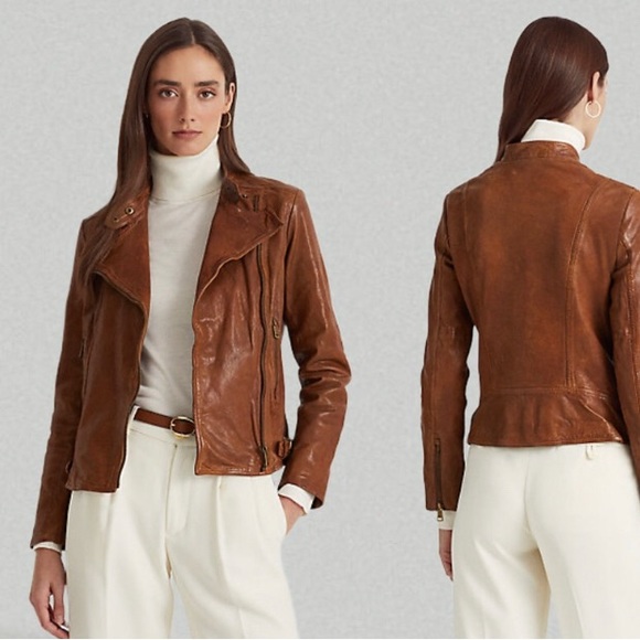 Lauren Ralph Lauren Burnished Leather Moto Bomber Jacket Dark Walnut